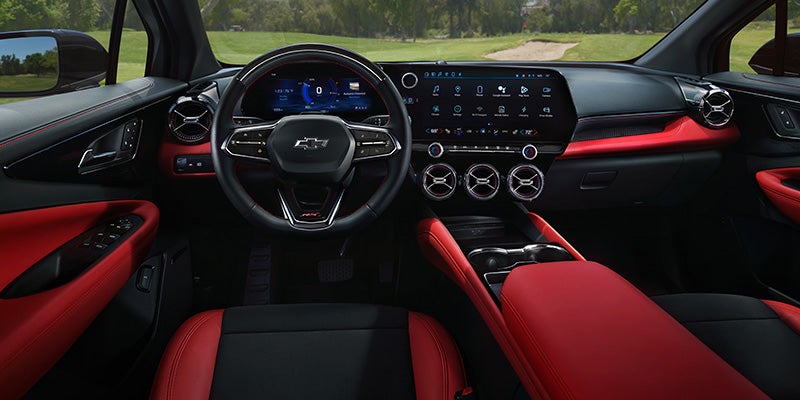 Interior shot of a Chevy Blazer EV steering wheel and console